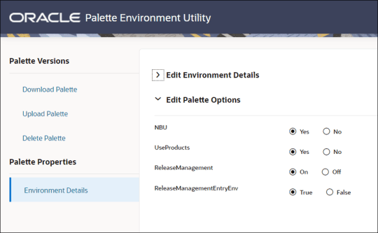 Palette Options fields on Web Application Utility