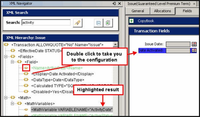 XML Navigator showing search results for activity