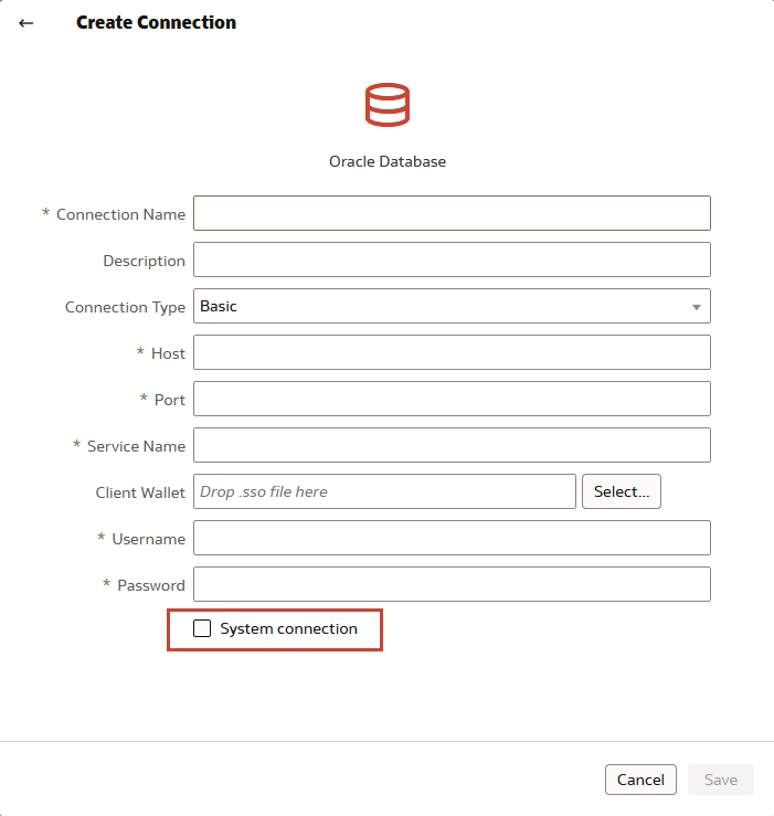 データ・ソース接続システム設定フィールド