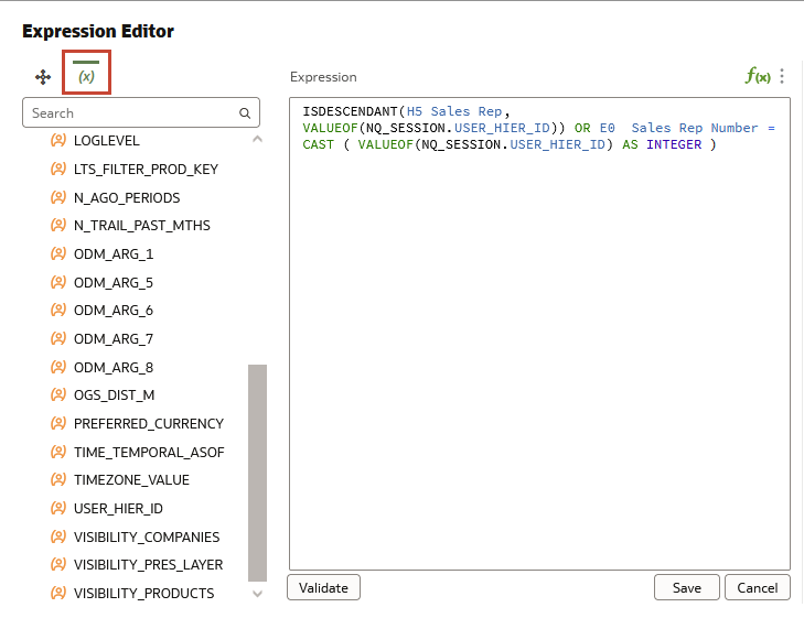 式エディタの「変数」タブ 式エディタの「変数」タブ
