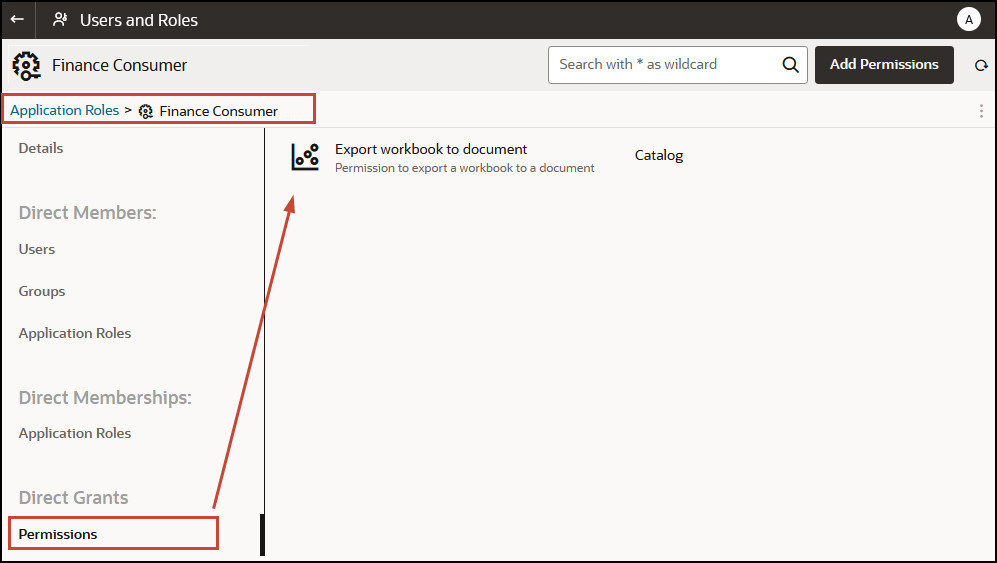 ユーザー定義のアプリケーション・ロールの「権限」タブ