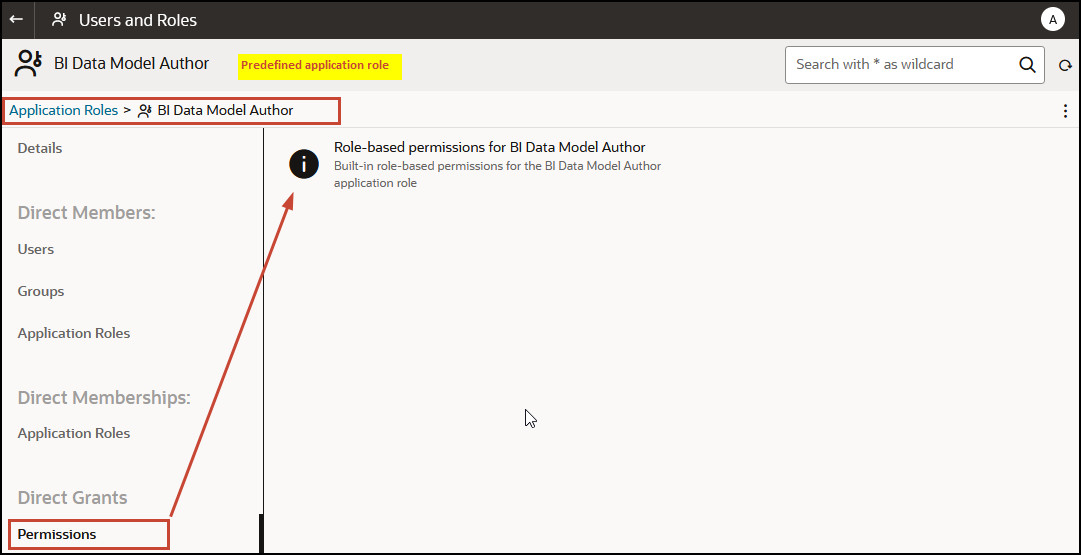 事前定義済アプリケーション・ロールの「権限」タブ