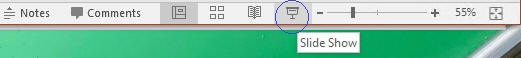 スライド・ショー・モードを選択できる、PowerPointウィンドウの右下のタスク・バー領域。 スライド・ショー・モードを選択できる、PowerPointウィンドウの右下のタスク・バー領域。