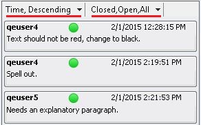 時間の降順でソートされ、「オープン」、「クローズ済」および「すべて」でフィルタ処理されている、Smart Viewパネルに示されたコメント。