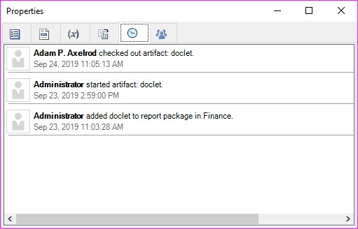 ドックレットに関する監査情報が表示されている「履歴」タブ。 ドックレットに関する監査情報が表示されている「履歴」タブ。