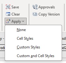 「適用」のオプション: 「なし」、「セルのスタイル」、「カスタム・スタイル」、「カスタム・スタイルとセルのスタイル」。 「適用」のオプション: 「なし」、「セルのスタイル」、「カスタム・スタイル」、「カスタム・スタイルとセルのスタイル」。