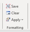 プロバイダのリボンの「フォーマット」グループ・オプション。オプションは、「保存」、「クリア」および「適用」です プロバイダのリボンの「フォーマット」グループ・オプション。オプションは、「保存」、「クリア」および「適用」です