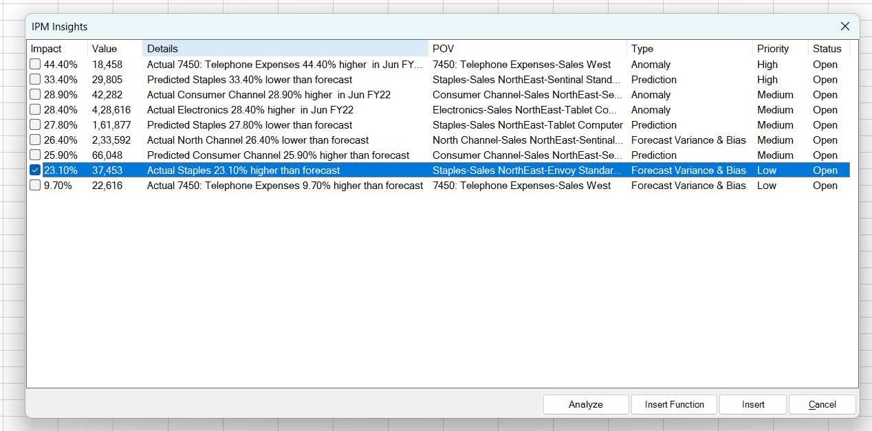 Excelで開いた「IPMインサイト」ダイアログに、使用可能なインサイトのリストが表示されます Excelで開いた「IPMインサイト」ダイアログに、使用可能なインサイトのリストが表示されます