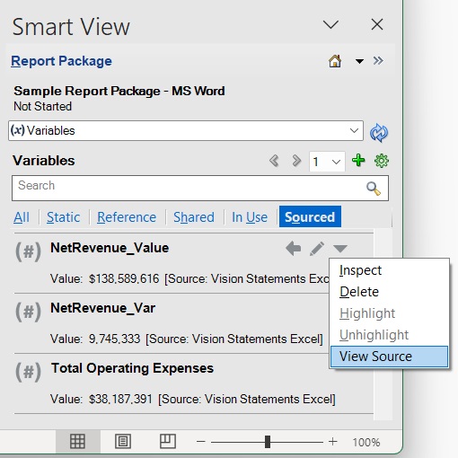 「レポート・パッケージ」パネルの「ソース」タブで、「その他のアクション」ドロップダウンの下に「ソースの表示」オプションが表示されます。