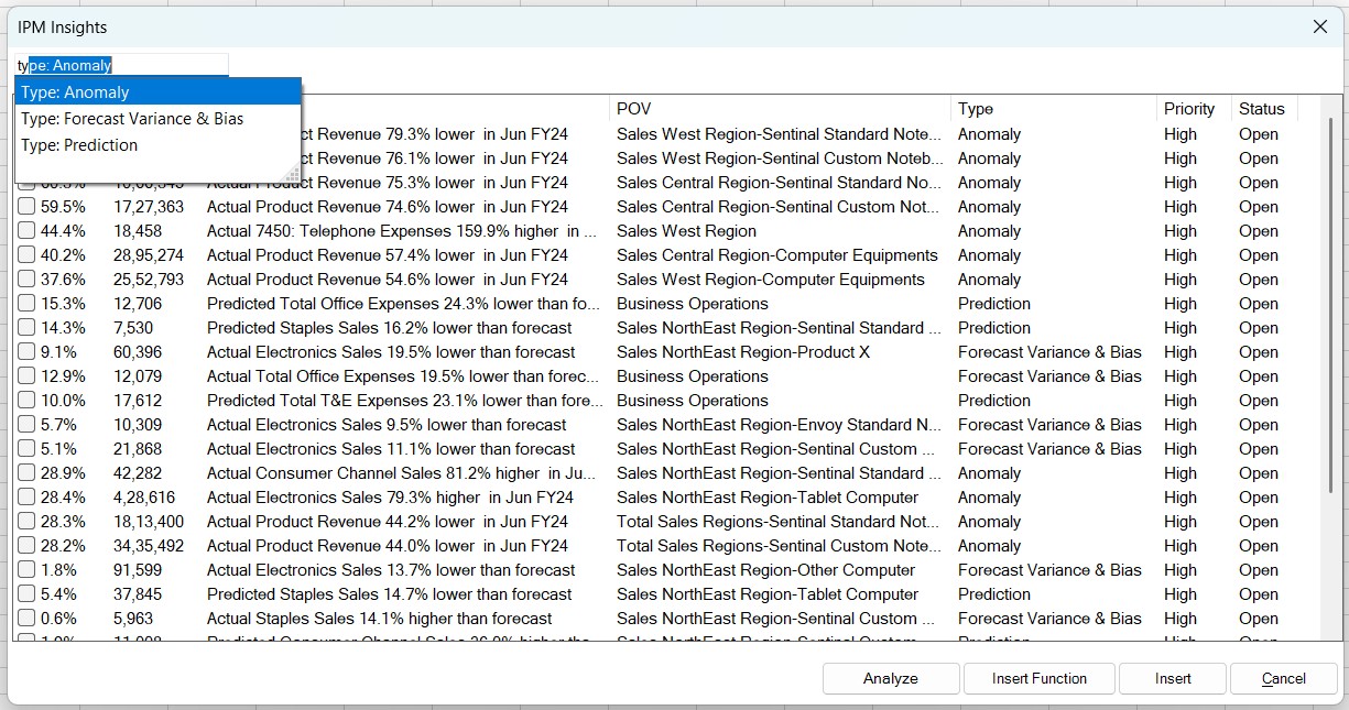 「タイプ」が「異常」として選択されているフィルタ・ボックス 「タイプ」が「異常」として選択されているフィルタ・ボックス