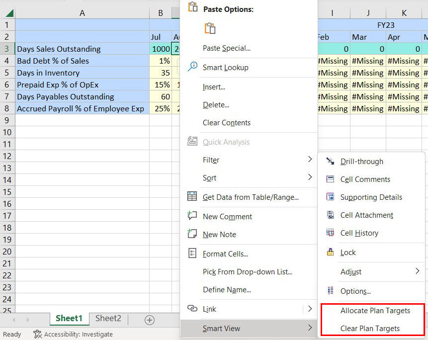 線付き文字なしのプラン・ターゲットの割当てコマンドおよびプラン・ターゲットのクリア・コマンドが表示された右クリック・コンテキスト・メニュー