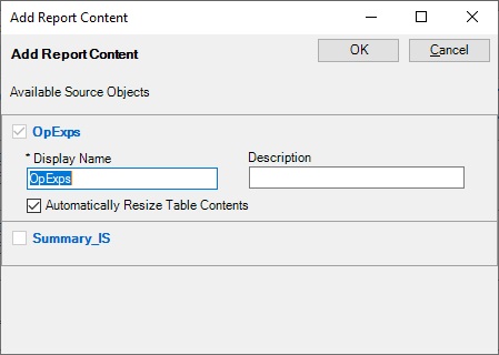 OpExpsという範囲が選択されている「レポート・コンテンツの追加」ダイアログ・ボックス
