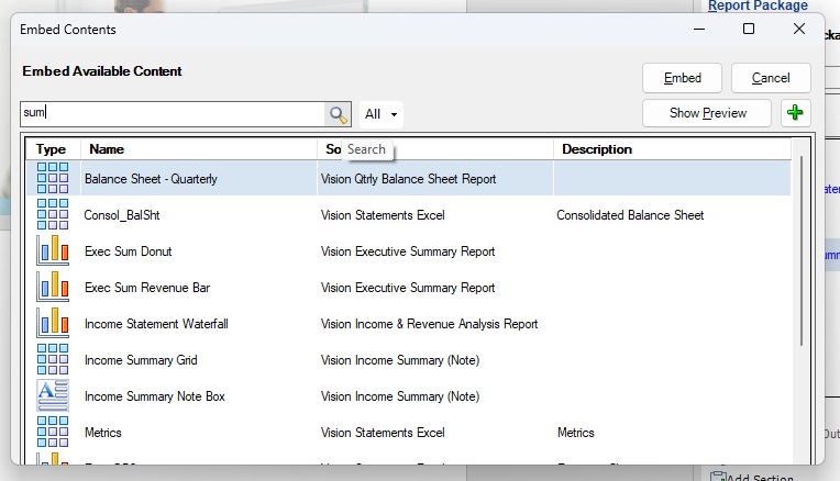 「検索」フィールドに入力された用語、合計および虫眼鏡アイコンが表示された「コンテンツの埋込み」ダイアログ