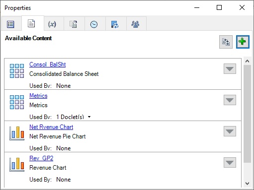 「使用可能なコンテンツ」タブが選択されている「プロパティ」ダイアログ・ボックス。このダイアログには、この時点で使用可能な4つのコンテンツ・アイテムが示されています