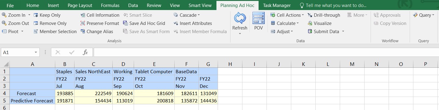 分析用のアド・ホック・グリッドとしてExcelシートに挿入されたインサイトに関連付けられたデータ表