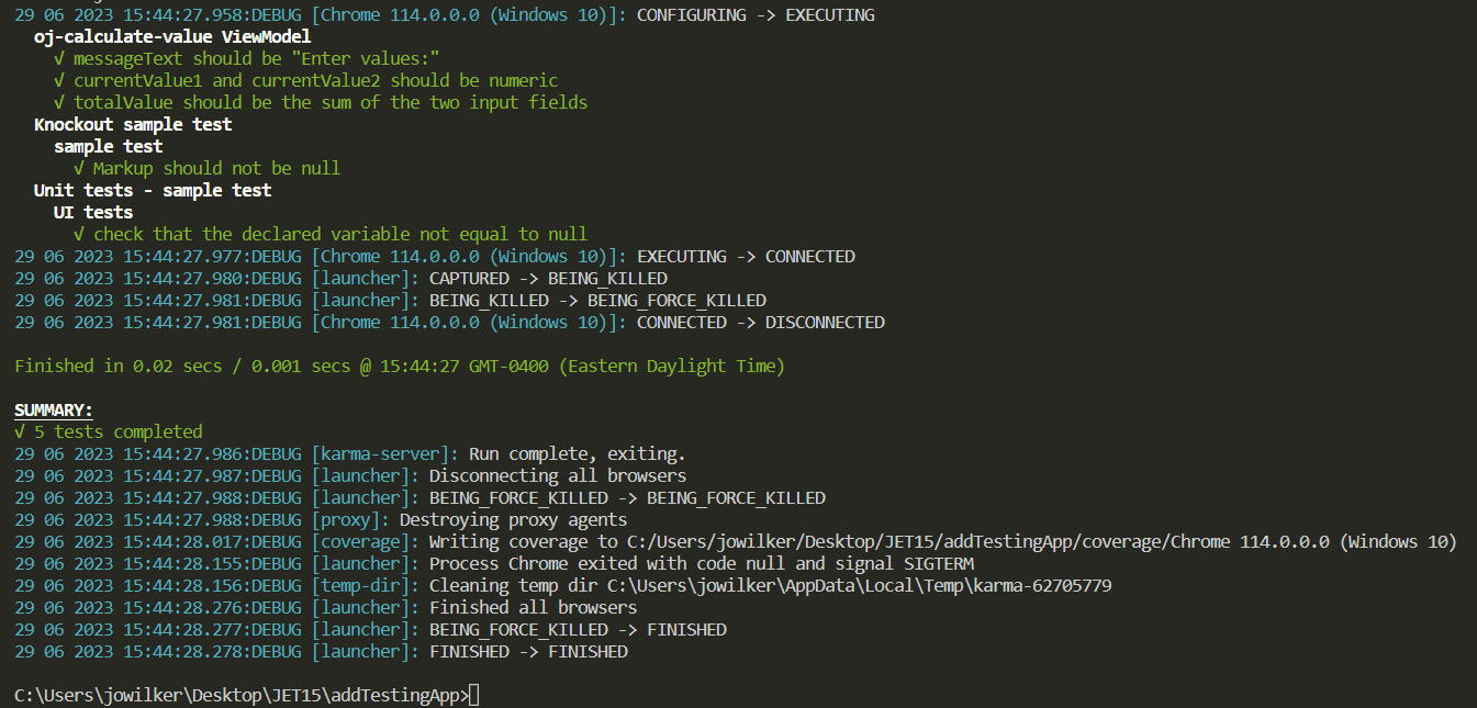 コマンドラインに表示されるテストの実行結果。