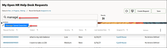 リスト・ページの保存済検索の管理リンクを示す図。