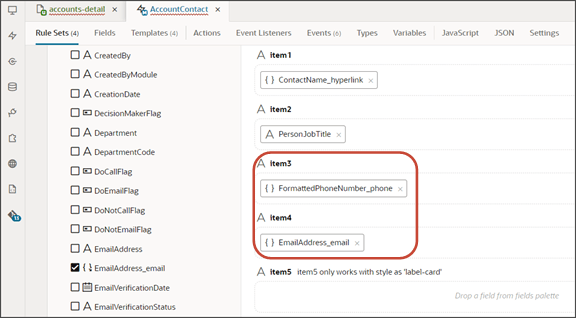 このスクリーンショットは、Panel Card LayoutでのEメール・フィールドと電話フィールドの新しい場所を示しています。