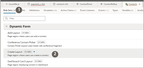 Create Layoutの動的フォームが強調表示されている「ルール・セット」タブ