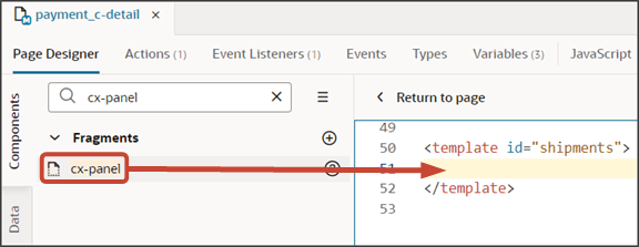 このスクリーンショットは、フラグメントをテンプレート・エディタにドラッグする方法を示しています。