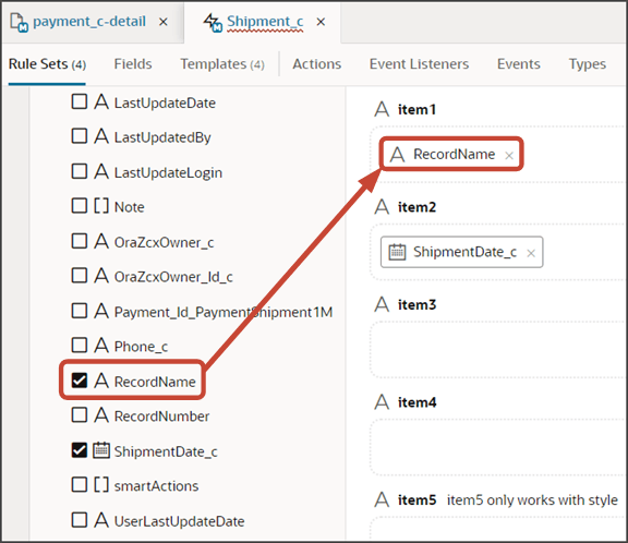 このスクリーンショットは、パネル・レイアウトのスロットにフィールドをドラッグする方法を示しています。