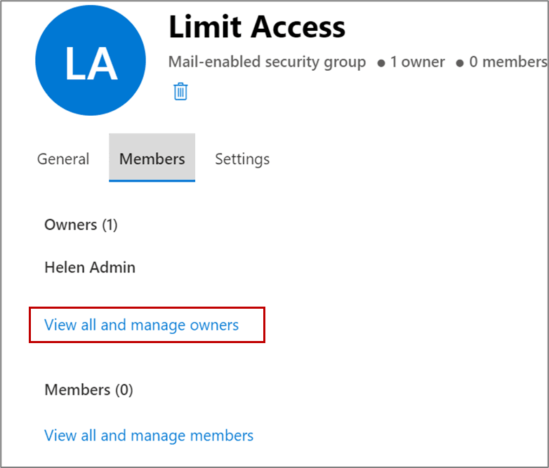 「Members」タブで、「View all and manage owners」リンクをクリックして、グループに所有者を追加します。