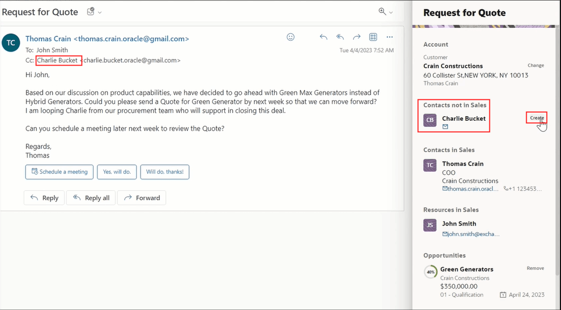 Oracle Sales for Outlookアドインから新規担当者を作成するサンプル・スクリーンショット