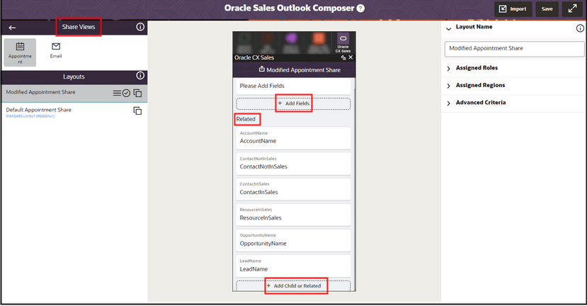関連セクションおよび情報セクションがあるアポイントメント共有ビューが強調表示されたスクリーンショット。