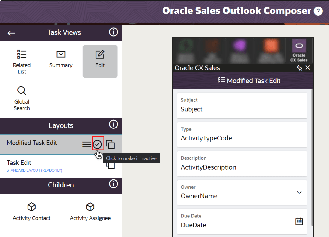 非アクティブ化ティック・アイコンをハイライト表示するスクリーンショット