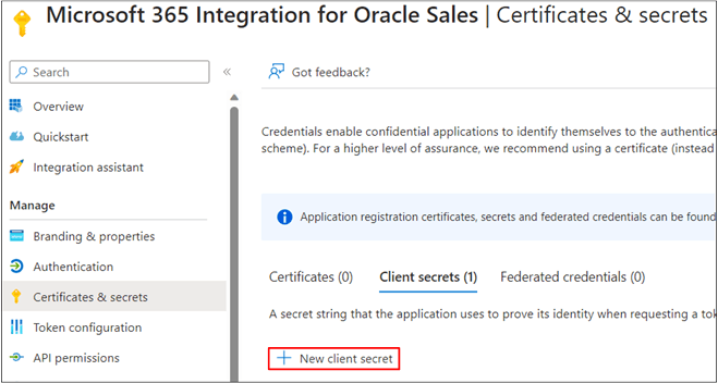 選択内容と「New client secret」ボタンが強調 表示された「Certificates & Secrets」ページ。
