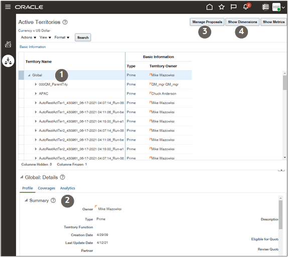 サンプル・データが表示された「詳細」UIでの 「アクティブ・テリトリ」ページの一部のスクリーン・キャプチャ。 前の表で説明された領域は、 コールアウトで強調表示されています。 