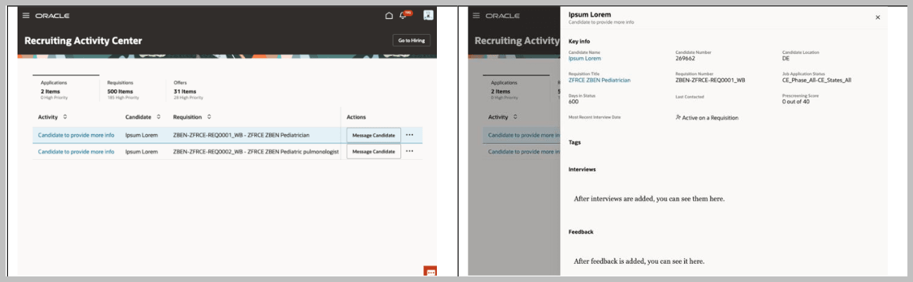 採用アクティビティ・センターのジョブ応募プレビューのキー情報