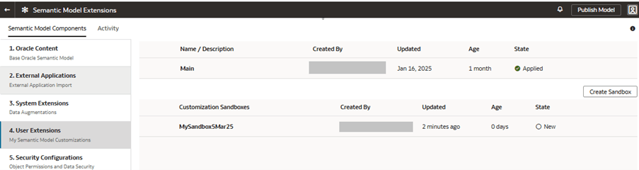 作成したサンドボックスを表示する「セマンティック・モデルの拡張」ページ
