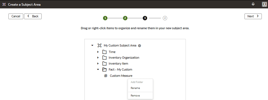 カスタム・ファクトがモデルにどのように表示されるかを示す「サブジェクト領域の作成」ページのウィザードのステップ3 カスタム・ファクトがモデルにどのように表示されるかを示す「サブジェクト領域の作成」ページのウィザードのステップ3