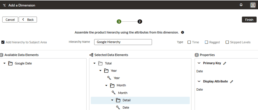 主キーの設定方法および詳細レベルでの属性の表示方法が表示された「ディメンションの追加」ページのウィザードのステップ2