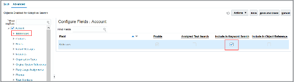 「適応型検索の構成」ページの 「拡張」タブのスクリーン・キャプチャ。 強調表示されたフィールドについては、 テキストで説明しています。 