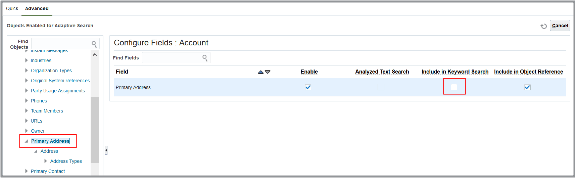「適応型検索の構成」ページの 「拡張」タブのスクリーン・キャプチャ。 強調表示されたフィールドについては、 テキストで説明しています。 