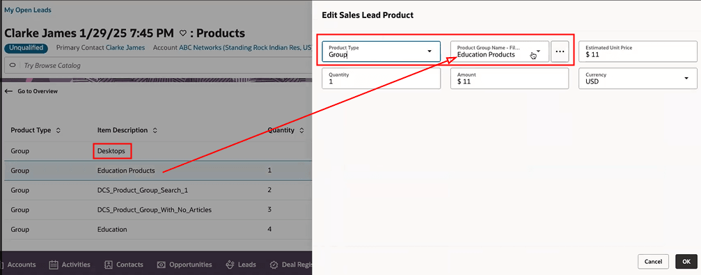 「製品タイプ」および「製品グループ- テリトリによるフィルタ」フィールドが強調表示された、非プライマリ・リード製品の詳細を示すサンプル・スクリーンショット