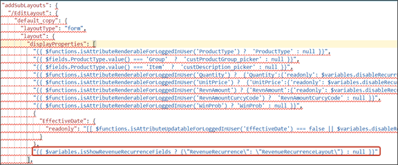 このスクリーンショットは、RevenueRecurrenceLayoutセクションを示しています。