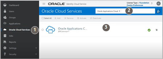 テキストで説明されている機能を強調するのOracle Identity Cloud ServiceでのODAアプリケーションの検索