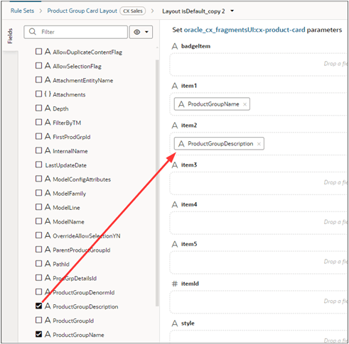 レイアウトに属性をドラッグする方法が強調表示されている、Visual Builder Studioのページ・デザイナのスクリーンショット。