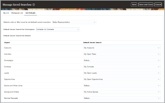 ワークスペースの保存済検索に対するロール・ レベルの「デフォルトの設定」UIのスクリーンショット