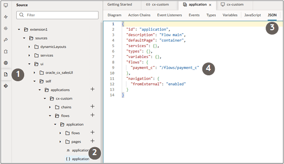 JSONのソース・エントリのスクリーンショット。テキストで説明されているナビゲーションが強調表示されています