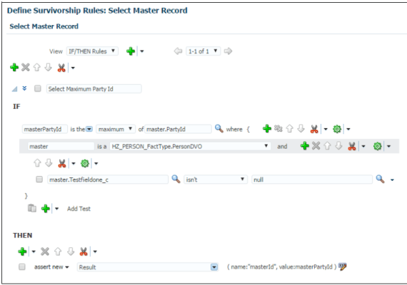 「マスター・レコードの設定」ルールを作成するためのIFおよびTHENルール条件値が指定された「生存ルールの定義: マスター・レコードの選択」ページ