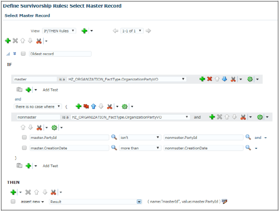 作成日が最も古いレコードをマスターとして設定するための入力が完了した「生存ルールの定義: マスター・レコードの選択」ページ。
