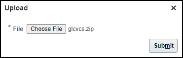 この画像は、glcvcs.zipファイルが選択された「アップロード」ダイアログ・ボックスを示しています。