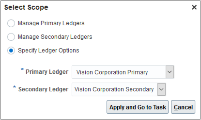 「プライマリ元帳の管理」、「セカンダリ元帳の管理」および「元帳オプションの指定」ボタンが表示されているセカンダリ元帳のスコープ選択。 ダイアログ・ボックスには、プライマリ元帳とセカンダリ元帳のフィールドも含まれています。 