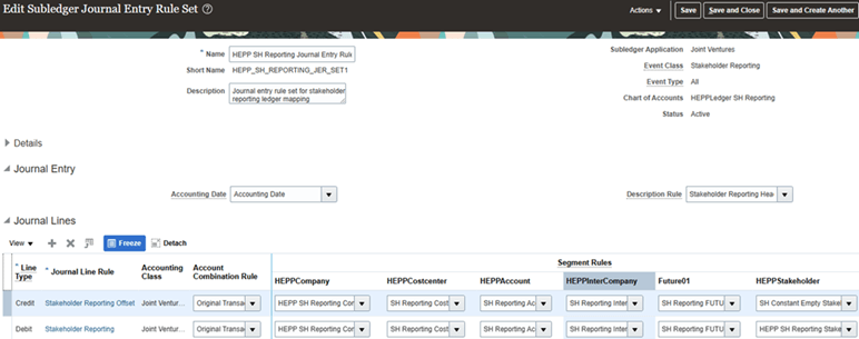 この図は、「補助元帳仕訳ルール・セットの編集」アプリケーションの「HEPP SHレポート仕訳ルール」という名前の仕訳ルール・セットを示しています。詳細は、前後のテキストを参照してください。
