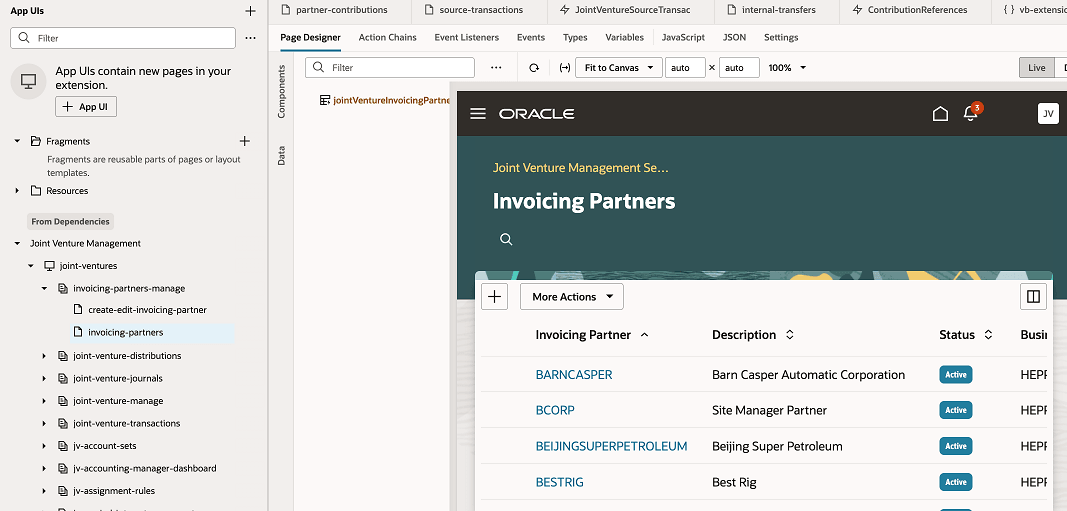 この画像は、「アプリケーションUI」ペインで「invoicing-partners」ページが選択され、ページのユーザー・インタフェースがページ・デザイナに表示された状態のVB Studioプロジェクトのワークスペースを示しています。