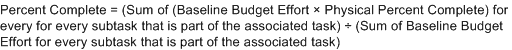 完了率、等号、括弧開く、関連タスクの一部である各サブタスクの合計、括弧開く、ベースライン予算工数、乗算記号、実質完了率、括弧閉じる、乗算記号、括弧開く、関連タスクの一部である各サブタスクのベースライン予算工数の合計、括弧閉じる。
